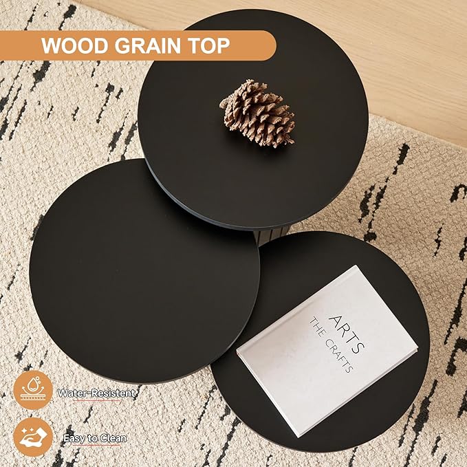 3-Piece Nesting Coffee Table Set, Modern Small Round Wood Side Tables, Fluted Drum Base, for Living Room Bedroom Apartment Small Space, Black