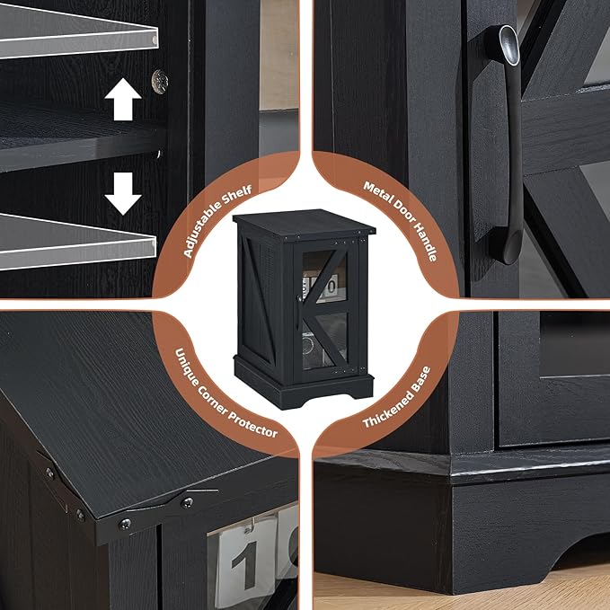 Narrow Night Stand Set 2, Farmhouse Side End Table with Glass Barn Door Storage, Bedside Tables, Black Nightstand Cabinet Organizer for Small Spaces Living Room Bedroom