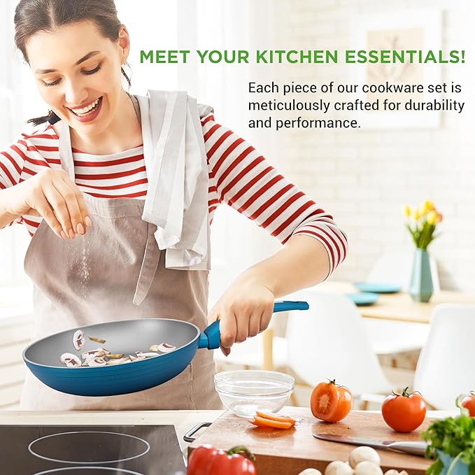 NutriChef 12-Piece Nonstick Kitchen Cookware Set - Easy to Clean, Fireproof Lacquer - Saucepot, Cooking Pots, Fry Pans, Utensils, Tempered Glass Lids - Light Gray/Green, Induction Ready