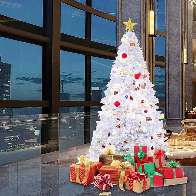PLKO 9FT Artificial Holiday Christmas Tree，Artificial Christmas Tree Xmas Pine Tree with Stand and Soft White Branch for Holiday Indoor Outdoor,1850Tips(White)
