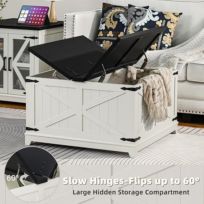 Farmhouse Coffee Table with Hidden Storage Compartment, Antique Black & White Square Large Center Table for Living Room, Wood Rustic Wide Coffee Tables with Hinged Lifting Tabletop for Home