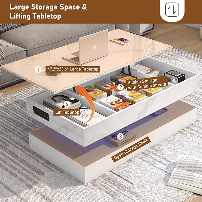 47.2" Large Lift Top Coffee Table with Charging Station, LED Modern High Glossy Center Table with Hidden Compartment Storage, White Lift Living Room Tables with Marbling Print, White