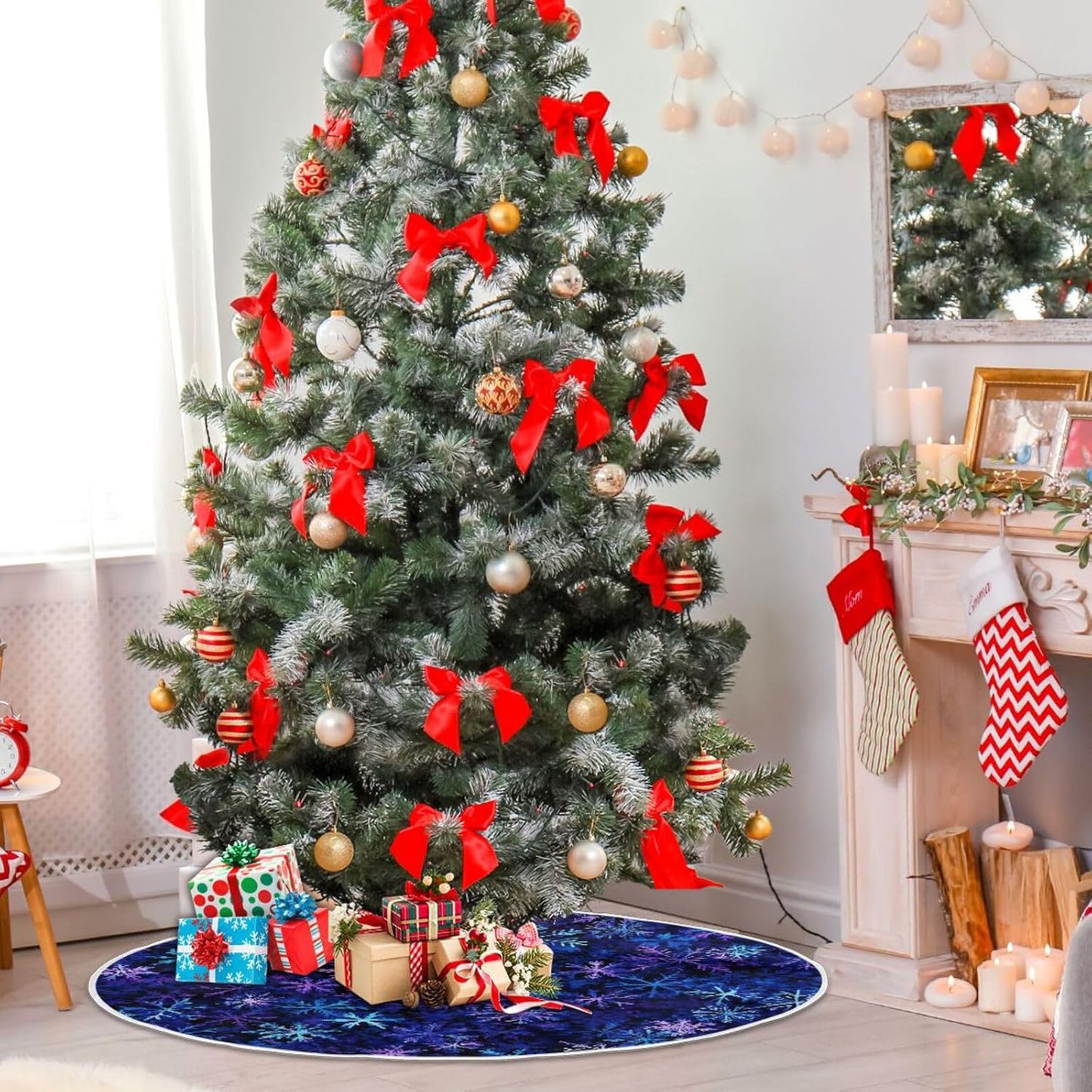 Christmas Blue Purple Snowflake Tree Skirt, Seasonal Tree Mat Holiday Party Supplies Ornaments Indoor Outdoor Decorations for Tabletop Trees 47.2 Inches