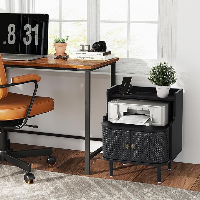 Metal Rattan End Table with Charging Station, Mid Century Modern Nightstand with 2 Doors, Bed Side Table with Storage for Couch,Living Room,Small Spaces, Sofa Side Table for Office,Dorm - Black