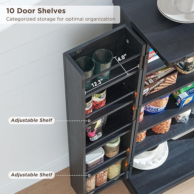 ACCOHOHO 47" Kitchen Pantry, Farmhouse Storage Cabinet with Barn Doors, Organizer and Adjustable Shelves, Rustic Wood Cupboard for Kitchen, Dining Room, Bathroom and Hallway, Black