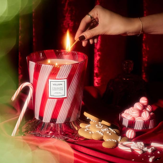Voluspa Crushed Candy Cane, 3 Wick Boxed Hearth, 38 oz, 80 Hour Burn Time, Coconut Wax for Clean Burning, Handcrafted in The USA