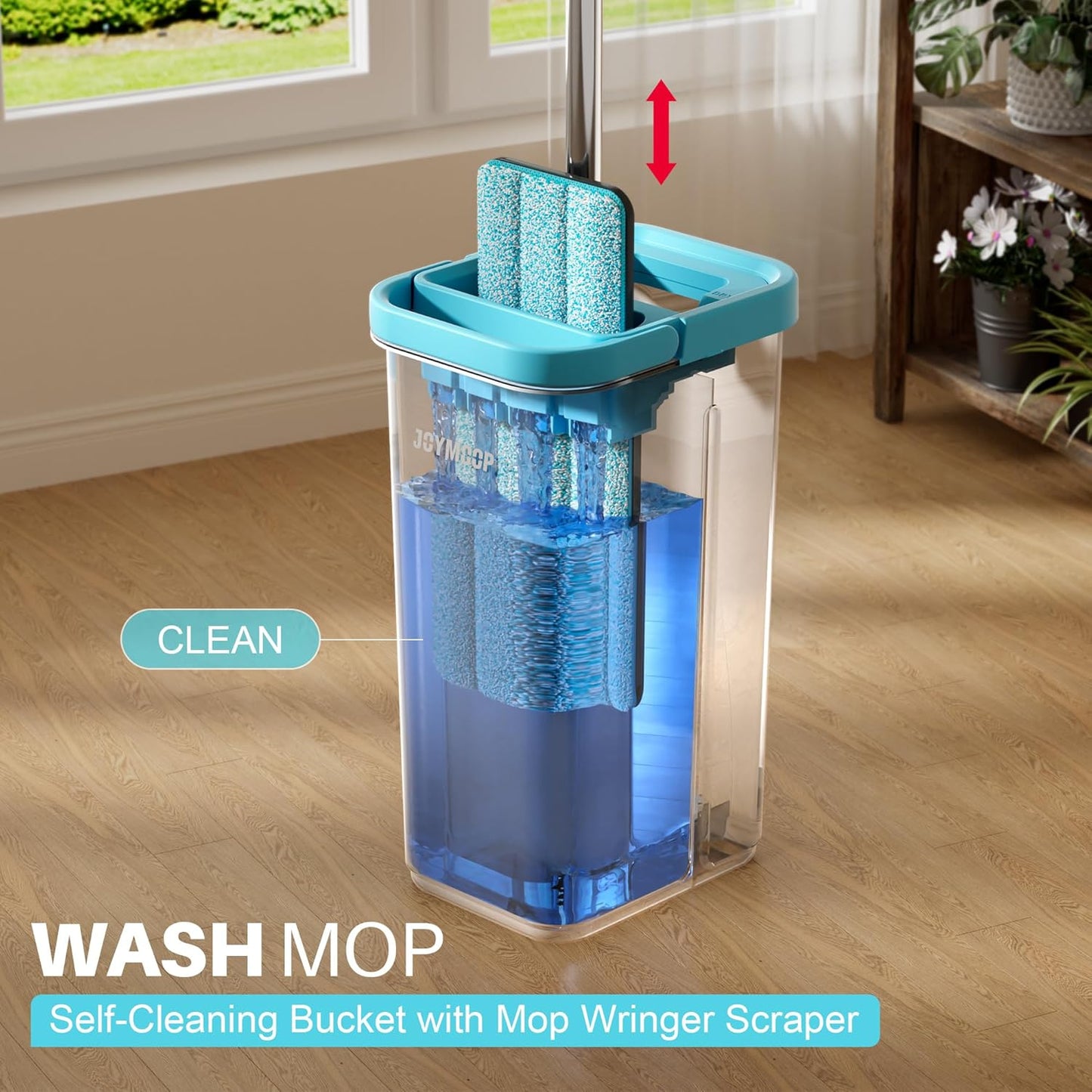 JOYMOOP Mop and Bucket Set with Wringer, with 5 Reusable Microfiber Mop Pads, Mops for Floor Cleaning and Wall Cleaning, Hands-Free Flat Mop for Home Use - Grey+Cyan Blue