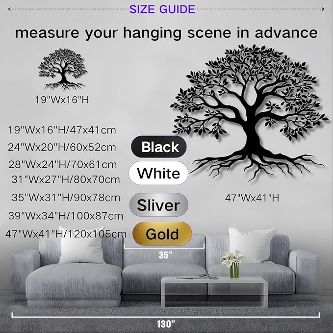 VTHTA Large Tree of Life Metal Wall Art,Tree Wall Sign for Living Room Bedroom Indoor Outdoor Garden Home Decoration (Sliver, 31" Wx27 H/80x70cm, Metal Wall Art)
