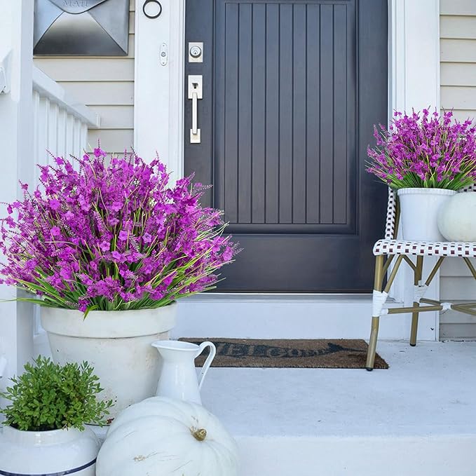 20 Bundles Artificial Lavender Flowers for Outdoors Fake Silk Flowers Faux Plants UV Resistant for Outside Indoor Spring Porch Window Garden Table Box Office Home Decorations, Fuchsia