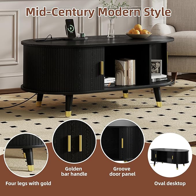 WILLIAMSPACE 42.5" Oval Coffee Table with Storage & Charging Station, Mid-Century Modern Center Table with Sliding Tambour Door, Farmhouse Tea Table with Solid Wood Legs for Living Room, Black
