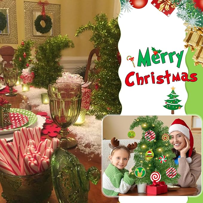 Syhood 1.5ft Bendable Christmas Tree Whimsical Christmas Bent Top Artificial Xmas Tree with LED Lights Ornament Bag, Green