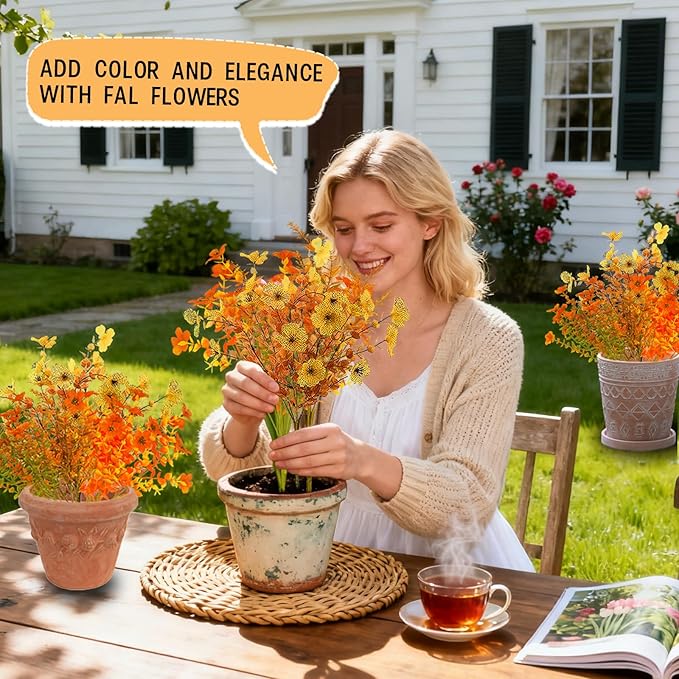 16 Bundles Artificial Flowers for Outdoor/Indoor Decoration, Plants for Outside, Fake Fall Plants. Suitable for Outdoor Flowerbed, Indoor and Outside Decorations (Orange).