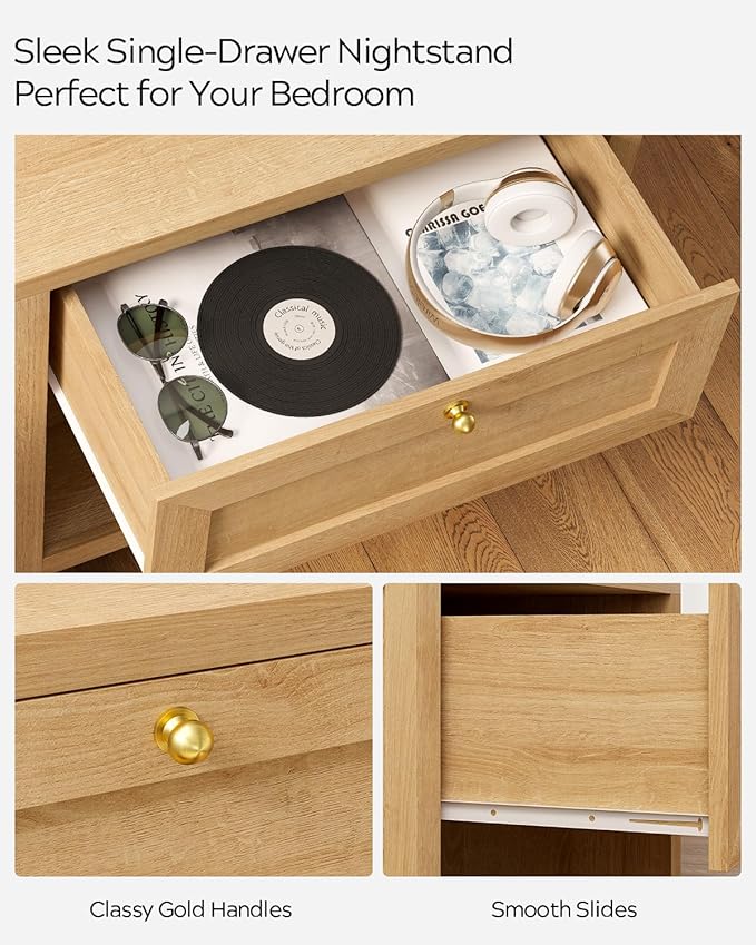 Nightstand with Storage Drawer, Farmhouse Large Bedside End Table with Open Shelf, Modern Wood Night Stand for Sofa, Bedroom, Natural Oak