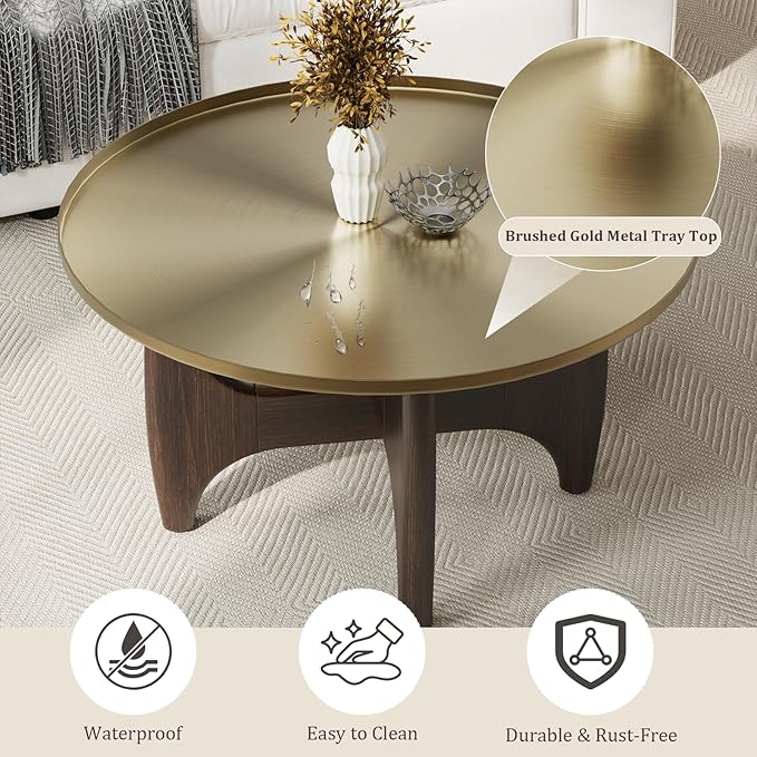 ACEDÉCOR Round Coffee Table, 30" Coffee Tables with Brushed Gold Tray Top and Solid Walnut Wood Base, Center Table for Living Room, Apartments and Small Spaces，Easy-Clean