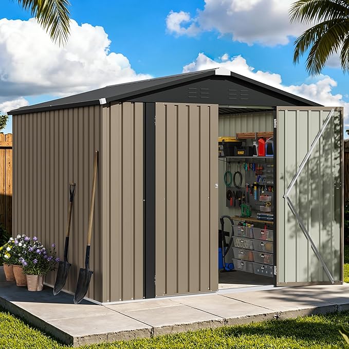 Patiowell 8x8 FT Outdoor Storage Shed, Heavy Duty Tool Metal Sheds with Lockable Doors and Updated Frame Structure for Backyard Patio Lawn, Brown