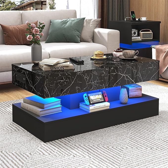 47.2" Large Lift Top Coffee Table with Charging Station, LED Modern High Glossy Center Table with Hidden Compartment Storage, Black Lift Living Room Tables with Marbling Print, Black