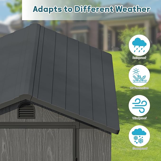 Greesum 4x6FT Plastic Storage Shed with Floor, Resin Outdoor Storaged Sheds with Lockable Door, All Weather Durable Tool Shed with Window and Vent, for Garden, Backyard, Patio, Dark Gray
