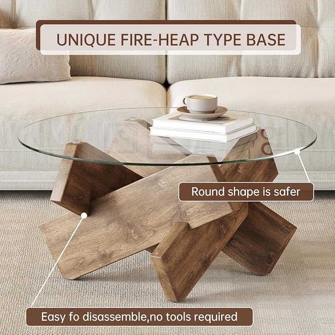 Natural Round Glass Coffee Table,33-Inch Coffee Tables for Living Room Clear Circle Accent Table Adapts to Farmhouse and Contemporary Decor