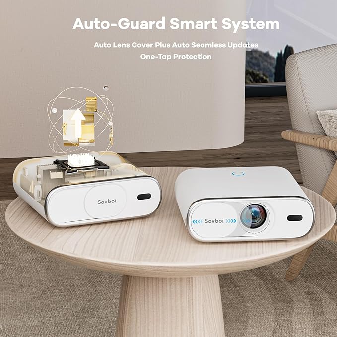 Projector-4K Built-in Google TV|2000 ANSI|Auto Lens Cap&4D Keystone|Auto Focus|Voice Control Smart Portable Projector with WiFi6 and Bluetooth, Sovboi Outdoor Projector for Steaming APPs Home Theater