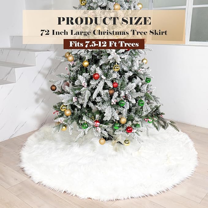 72 Inch White Christmas Tree Skirt with 4.5" Extra Long Pile– Ultra Plush Faux Fur Tree Skirt for 7.5-12 Ft Trees