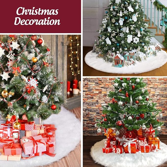 59 Inch Christmas Tree Skirt Faux Fur Snow White Luxury Plush Large Size Fluffy Home Holiday Decor Xmas Gift