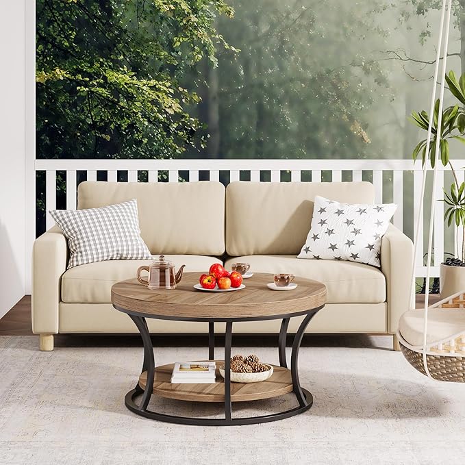 Round Coffee Table for Living Room, 2-Tier Circle Coffee Table with Storage, Accent Center Table Modern Design, Wooden Grain and Black