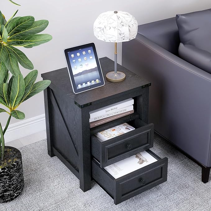 MUUEGM Farmhouse End Table with Charging Station, Side Table for Living Room, Sofa Side Table with Drawers and Storage Cabinet, Night Stand for Bedroom, Black, Set of 1