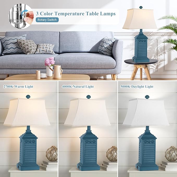 Set of 2 Table Lamps for Living Room Bedrooms, Coastal Nautical Navy Blue Bedside Nightstand Lamp with 2 USB Ports 1 AC Outlet, 3-Color Temperature Farmhouse Beach End Tables Lamp with LED Bulbs