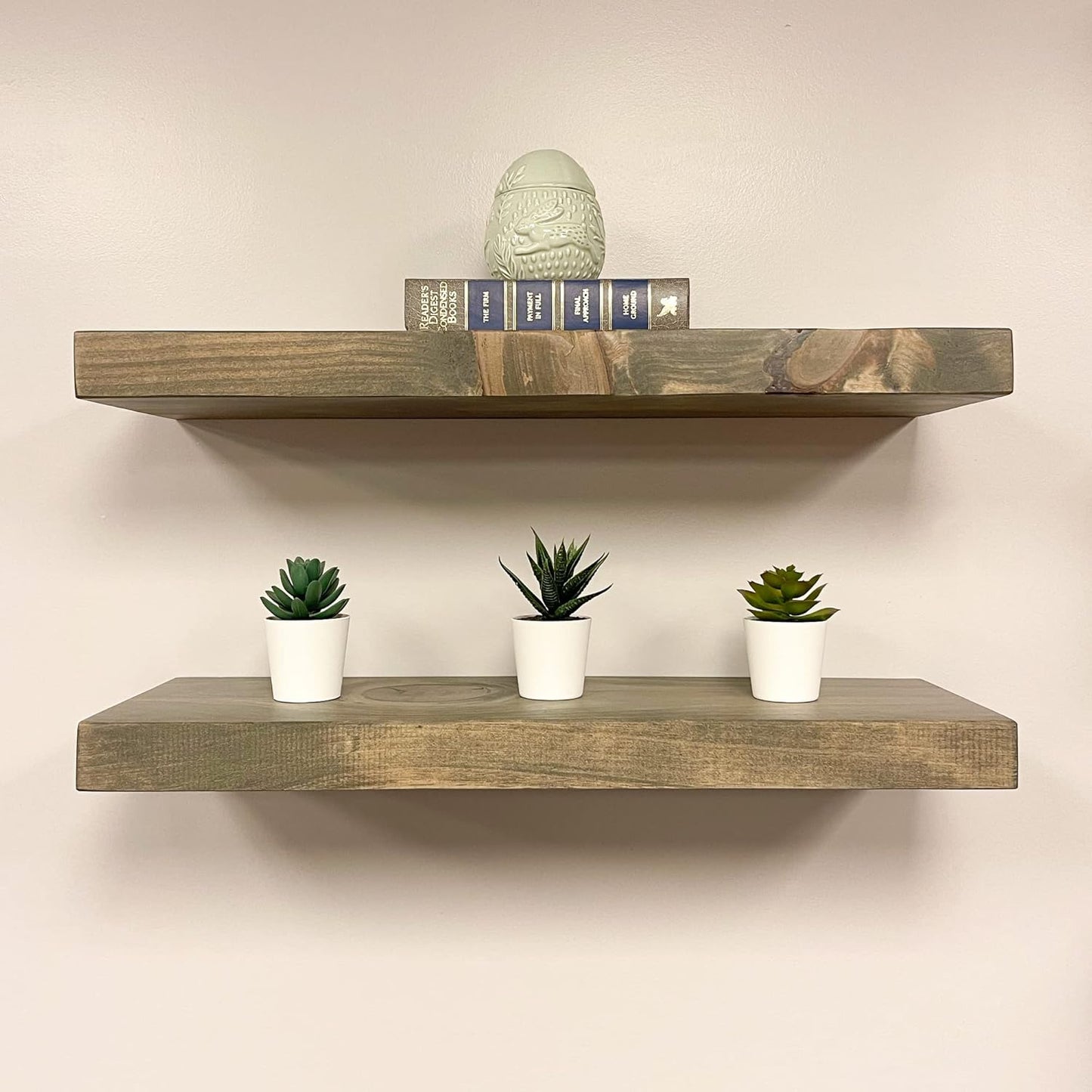URBANDI, Rustic Floating Shelves, Set of 2, Hidden Bracket, Solid Wood, Heavy Duty, Wall Mounted Shelves, (Grey, 24Wx12D)