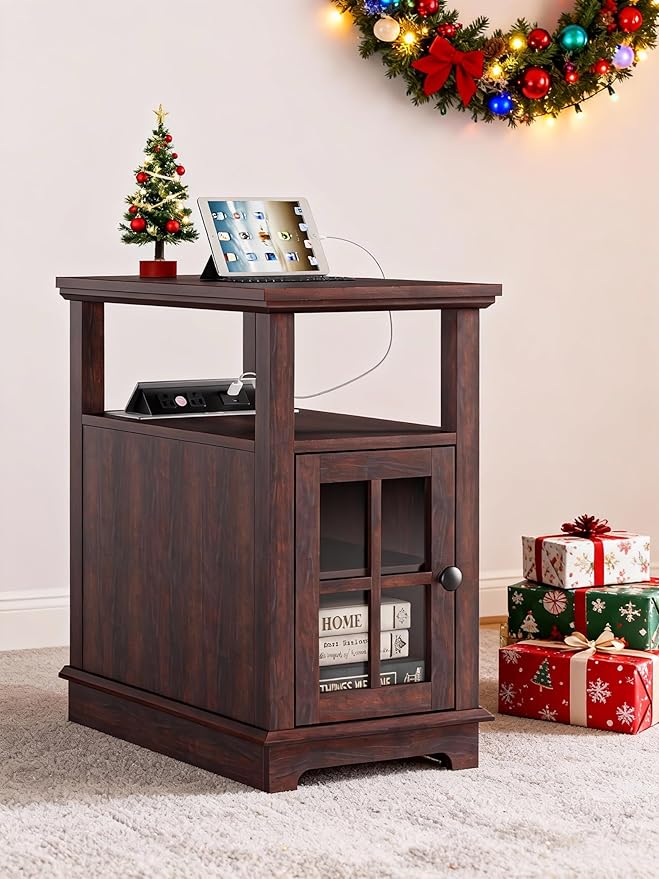 HIFYOBRO Narrow End Table with Charging Station, Flip Top Design, Type-C & USB Ports & Outlets, Adjustable Shelf for Storage in Living Room, Bedroom, Home Office