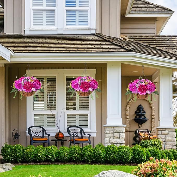 HyeFlora Artificial Fall Mums Flowers Baskets for Outside Decoration, Fake Hanging Silk Fuchsia Flower, Faux Chrysanthemum Summer UV Resistant Realistic for Porch Yard Autumn Decor