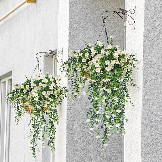 RECUTMS Artificial Hanging Flowers Plants for Outdoors Fake Hanging Plants 4 Pcs UV Resistant Silk Daisy Flower Realistic Faux Trailing Vine for Wall Yard Porch Balcony Indoor Outdoor Planters (White)