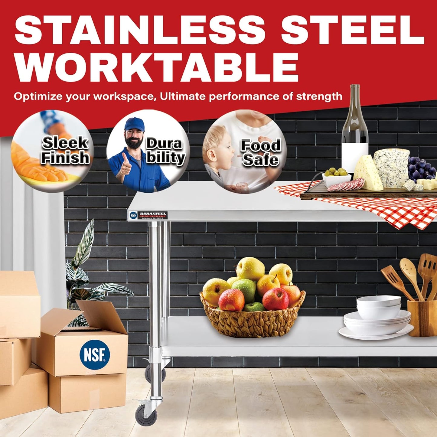 DuraSteel 30x48 NSF Stainless Steel Cart - Heavy Duty Food Prep Table with Undershelf - Rolling Kitchen Island on Wheels for Commercial Restaurant Kitchen, Garage, Outdoor Cooking, BBQ Grill, Counter