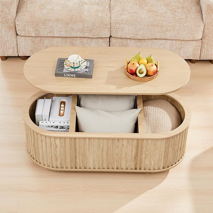 Oval Lift Top Coffee Table with Storage, 43.3”Mid Century Modern Center Table with Hidden Compartment, Fluted Wooden Lift Tabletop Dining Table for Living Room Apartment Home Office,Natural