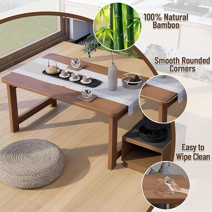 Japanese Floor Table, Bamboo Folding Coffee Table, Portable Solid Wood Japanese Tatami Tea Table Table, No Assembly Japanese Dining Table for Sitting on The Floor, Easy Storage (Dark Walnut)