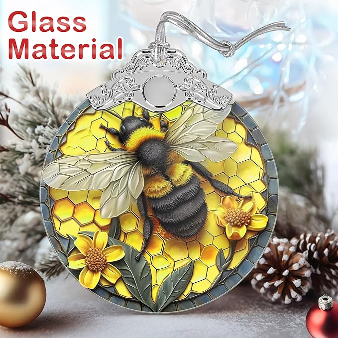 Christmas Decorations Ornaments, Stained Glass Ornament, Christmas Tree Ornaments, 2025 Gift Ornament, Xmas Gift for Friend Family Coworker - Bee and Honeycomb