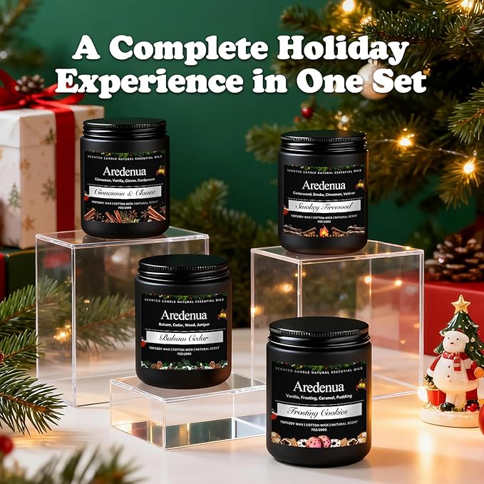 Christmas Candles Set | 4 Pack Christmas Scented Candles - 7oz Soy Candle for Home, Holiday Scented of Balsam Cedar, Frosting Cookies, Cinnamon & Cloves, Smokey Wood - Winter Gifts for Women Men