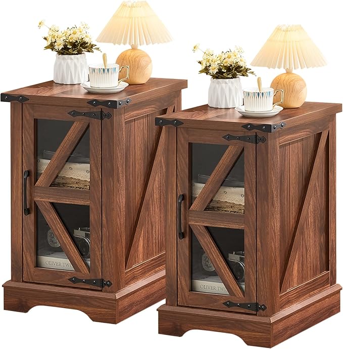 Narrow Night Stand Set 2, Farmhouse Side End Table with Glass Barn Door Storage, Bedside Tables, Retro Nightstand Cabinet Organizer for Small Spaces Living Room Bedroom