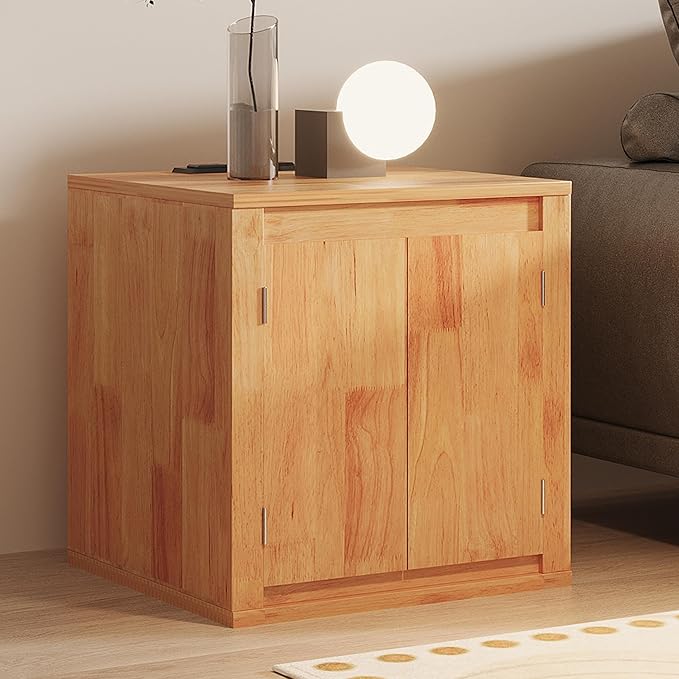 MINCETA End Table with Charging Station and USB Ports, Modern Bedside Table with Door, Rustic Wood Square Nightstand with Adjustable Storage Shelf for Living Room, Bedroom, Natural Oak