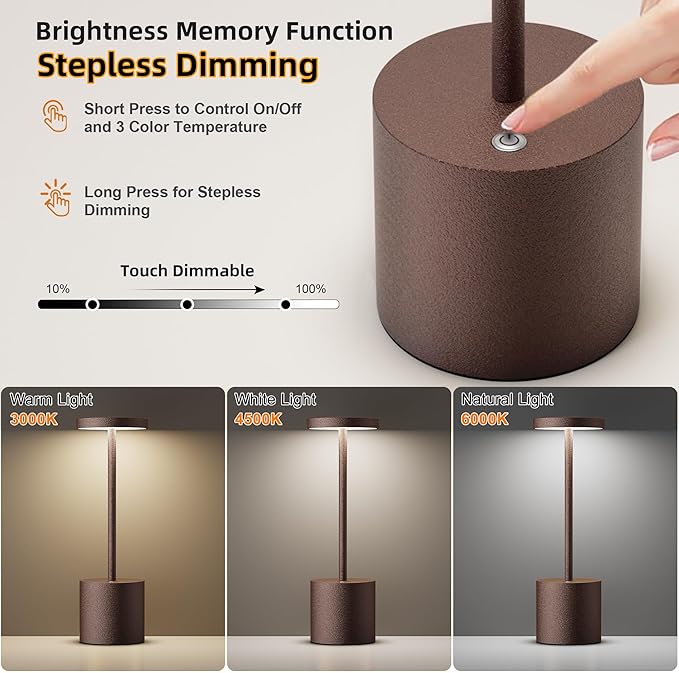 Cordless Table Lamps Rechargeable - Outdoor Portable LED Table Light 5000mAh Battery Operated Lamp 3 Color Stepless Dimming with Memory Function for Restaurant Dining Patio 2Pack Rust