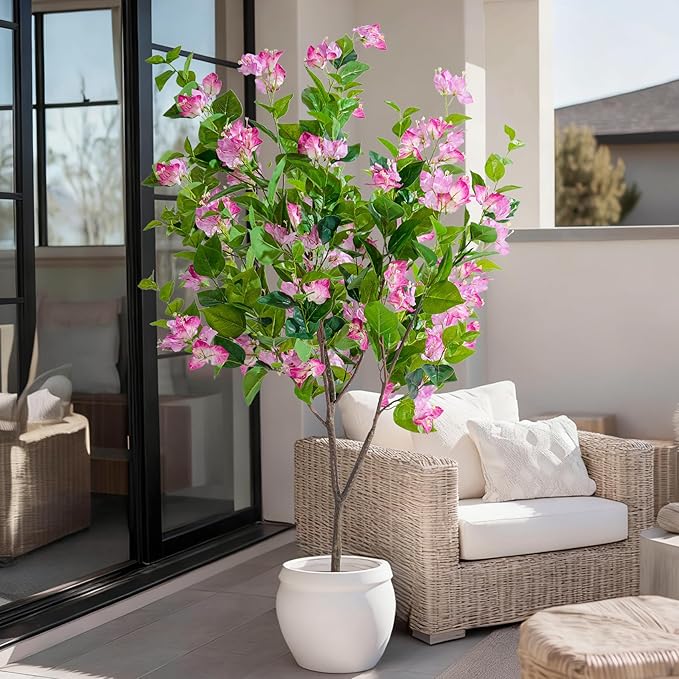 4FT Artificial Bougainvillea Tree Artificial Tree Tall Potted Fake Bougainvillea Trees for Outdoor Indoor Lifelike Potted Faux Plants with Wood Trunk and Flowers Office Wedding Home Decor