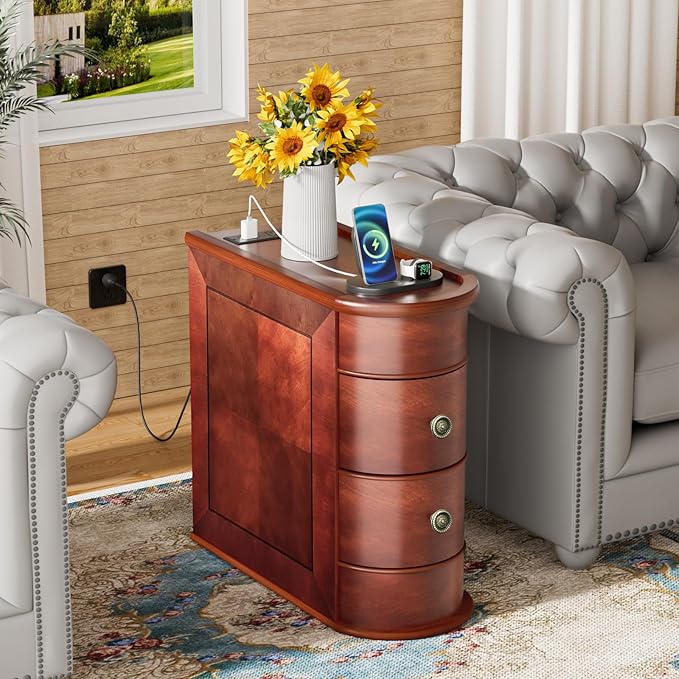 ROOMTEC Solid Wood End Table with Charging Station,Narrow Side Table with USB Ports and Outlets,No Assembly,Slim Chair Side Table,Narrow Sofa Side Table for Living Room Bedroom