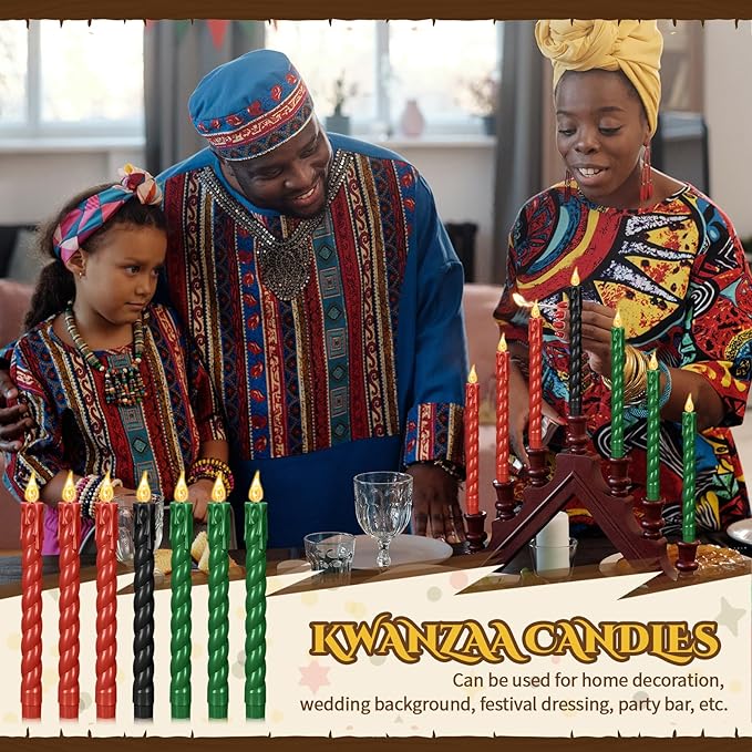 Riakrum 7 Pieces Kwanzaa Candles Set Kwanzaa Flameless Taper Candles Battery Operated for Church Celebration Decoration (9.65 Inches,Thread Style)