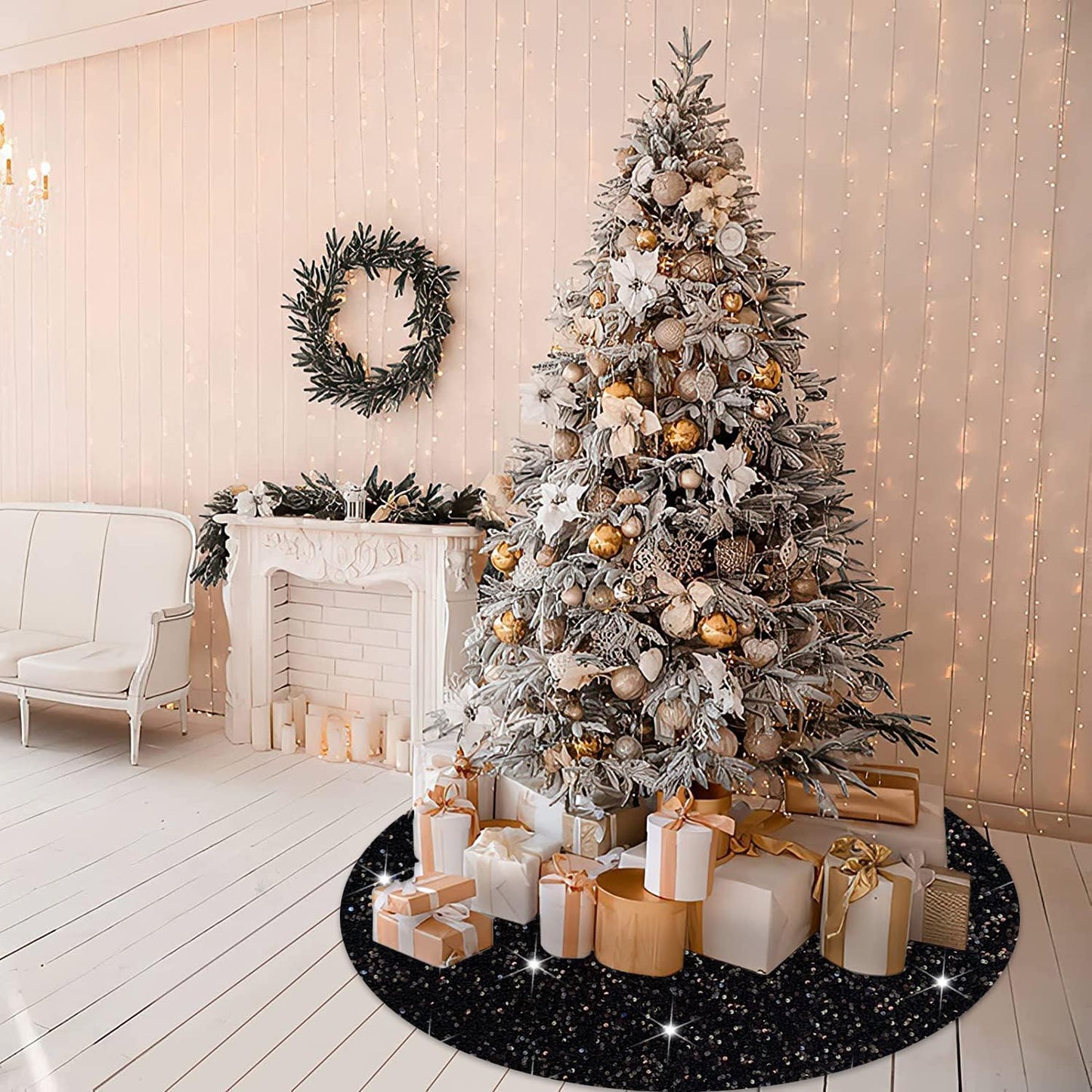 MODFUNS Black Christmas Tree Skirt 60 Inch Glitter Sequin Large Xmas Tree Mat Velvet Halloween Tree Skirt Unique Shiny Xmas Tree Skirt Cover for Christmas Tree New Year Merry Christmas Ornament