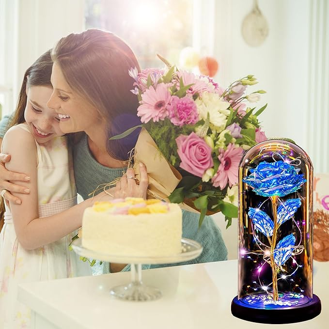 Christmas Rose Gifts for Women Mom, Womens Gifts for Christmas, Glass Flower Gifts for Sister, Rose Enchanted Crystal Flower Gift Light Up in Glass Dome,Birthday Gift for Women Wife Blue