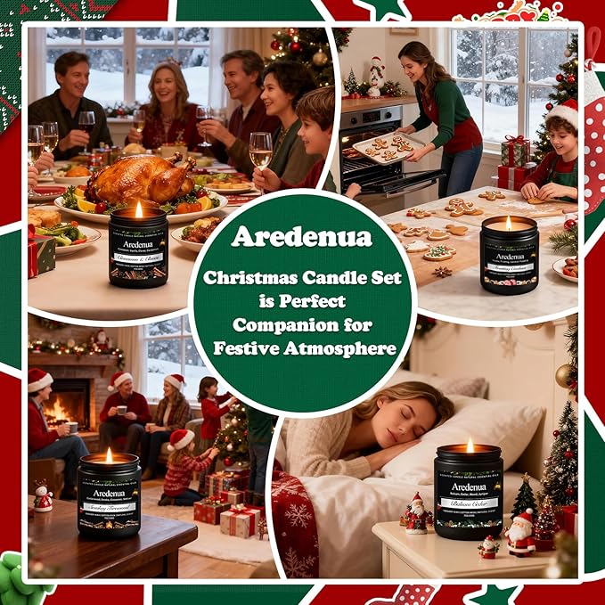 Christmas Candles Set | 4 Pack Christmas Scented Candles - 7oz Soy Candle for Home, Holiday Scented of Balsam Cedar, Frosting Cookies, Cinnamon & Cloves, Smokey Wood - Winter Gifts for Women Men