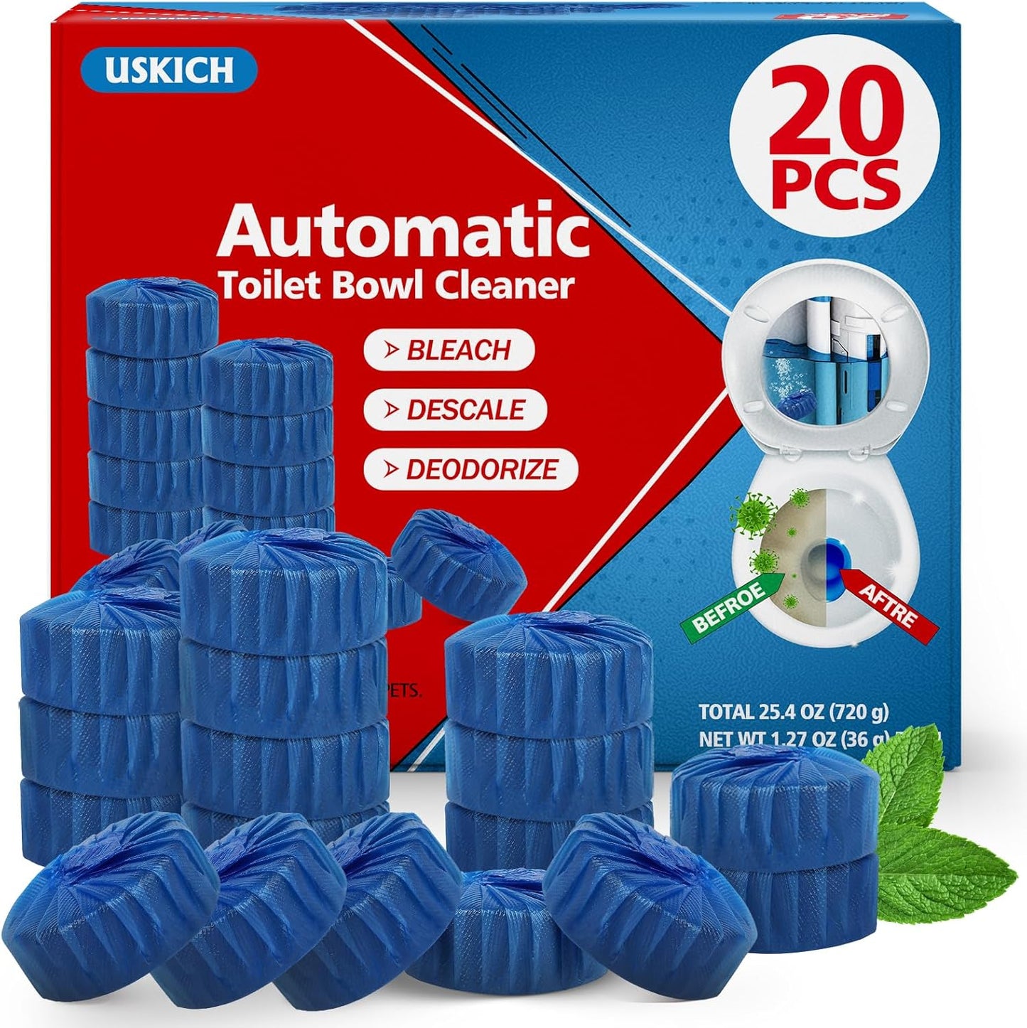USKICH Toilet Bowl Cleaner Tablets 20 PACK, Bathroom Automatic Toilet Tank Blue Cleaners with Bleach, Slow-Releasing Household Toilet Cleaners for Deodorizing, Descaling, against Tough Stains