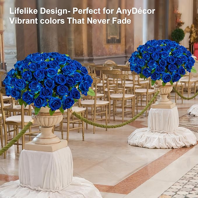 Artificial Flowers Roses Touch Fake Rose Bouquet Flower Stem for Wedding Centerpieces DIY Wreath Home Decorations Silk Roses Mothers Party Fake Outdoor Flowers Decor 19.6"(50PCS Blue)