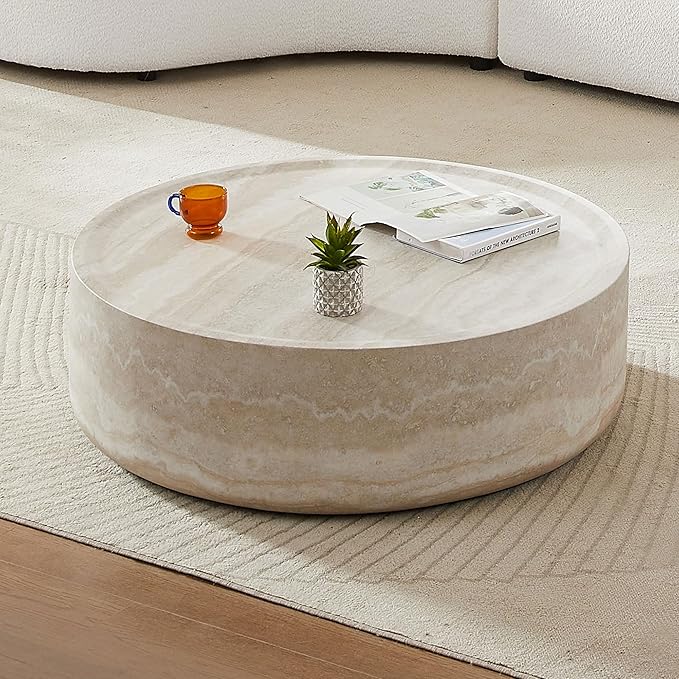 Round Mars Pattern Faux Marble Coffee Table, Modern Drum End Table for Living Room, No Assembly Required, Fiberglass Circle Coffee Table for Apartment (ø39.37" x 12")