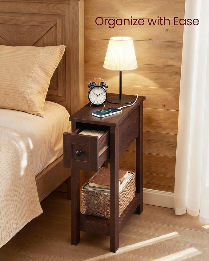 VASAGLE Farmhouse End Table with Storage Drawer, Narrow Side Table with Charging Station, Nightstand, Easy Assembly, for Living Room, Bedroom, Saddle Brown ULET328K01